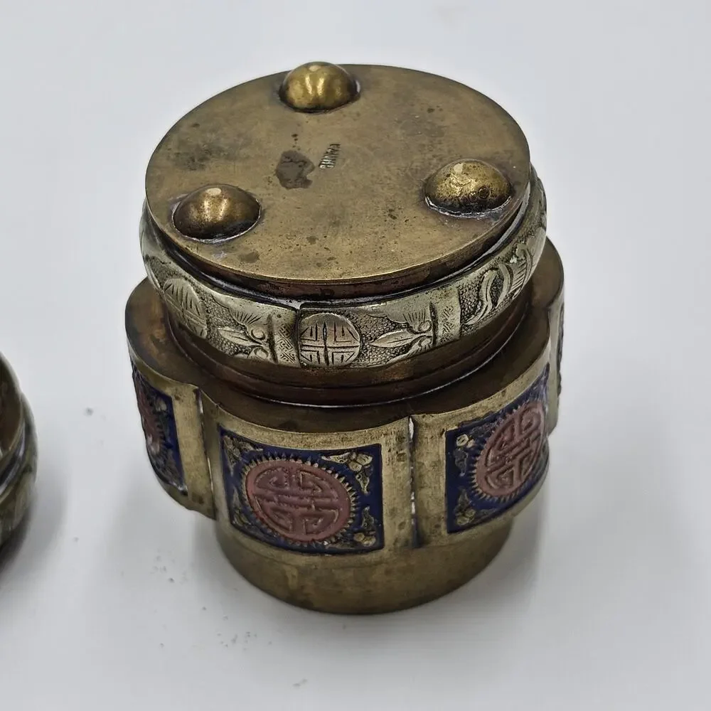 Vintage Chinese Lidded Enamel Brass Tea Caddy Snuff Jar Blue Red